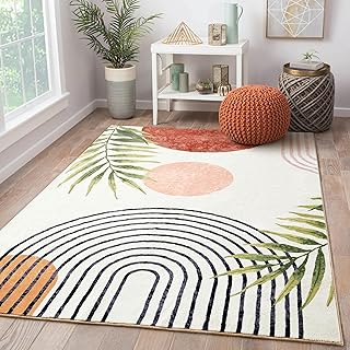 RoomTalks Mid Century Modern Washable Rug, Boho Cute Aesthetic 5x7 Area Rugs for Bedroom Dining Living Room Kitchen, Abstract Tropical Leaves Non Slip Thin Indoor Entryway Rug Accent Floor Carpet