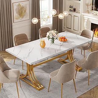 Tribesigns 63-Inch Rectangular Dining Table for 4 to 6, Modern Kitchen Tables with Stylish Metal Trestle Legs, Large Dinner Tables for Dining Room, Only Table (White+Gold)