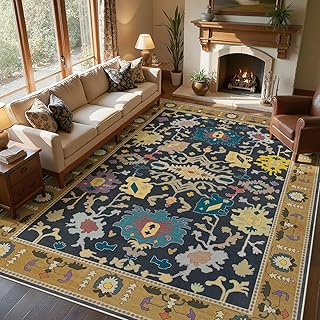 Joydeco Oushak Washable 8x10 Area Rugs for Living Room, Vintage Rug for Bedroom Non Slip, Boho Soft Low-Pile Floor Indoor Throw Carpet for Office Dining Room Dorm Home, Black/Multi