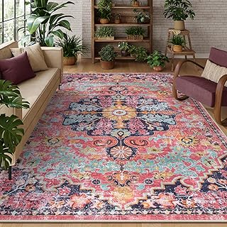 Lahome Reine Area Rugs 9x12 Rugs for Living Room,Large Bedroom Dining Room Rug,Boho Vintage Soft Non-Slip Non-Shedding Low Pile Printed Indoor Carpet for Nursery Kids Home Office(9x12ft,Fuchsia)
