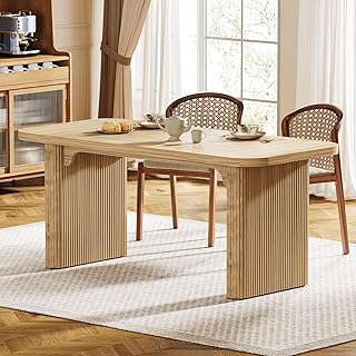 Tribesigns Modern Dining Table for 6 People, 62-Inch Natural Wood Kitchen Table with Double Robust Pedestal, Long Rectangle Wooden Dinner Table for Dining Room