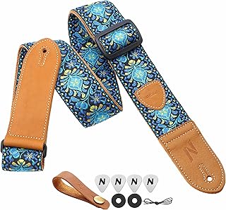 Nefelibata Guitar Strap,Double leather ends,Vintage Woven W/FREE BONUS-4 Picks+Strap Locks+Strap Button,Best Gift For Bass,Electric&Acoustic Guitars for Guitar(Vintage blue yellow embroidery)