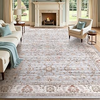 WITSHOCK 10x14 Area Rugs for Living Room: Machine Washable Non Slip Vintage Carpet - Low Pile Lightweight Print Rug for Bedroom Dining Room - Stain Resistant for Household - Pet Owners (Light Blue)