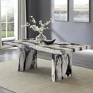 Roundhill Furniture Cavira Modern Faux Marble Dining Table with Double Pedestal Base