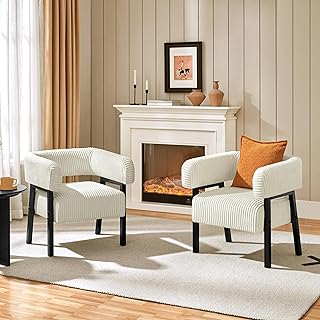 Yaheetech Accent Chair Set of 2 with Pocket Coiled Seat, Corduroy Living Room Barrel Chair Comfy Modern Sofa Armchair for Small Space Bedroom Reading, Beige